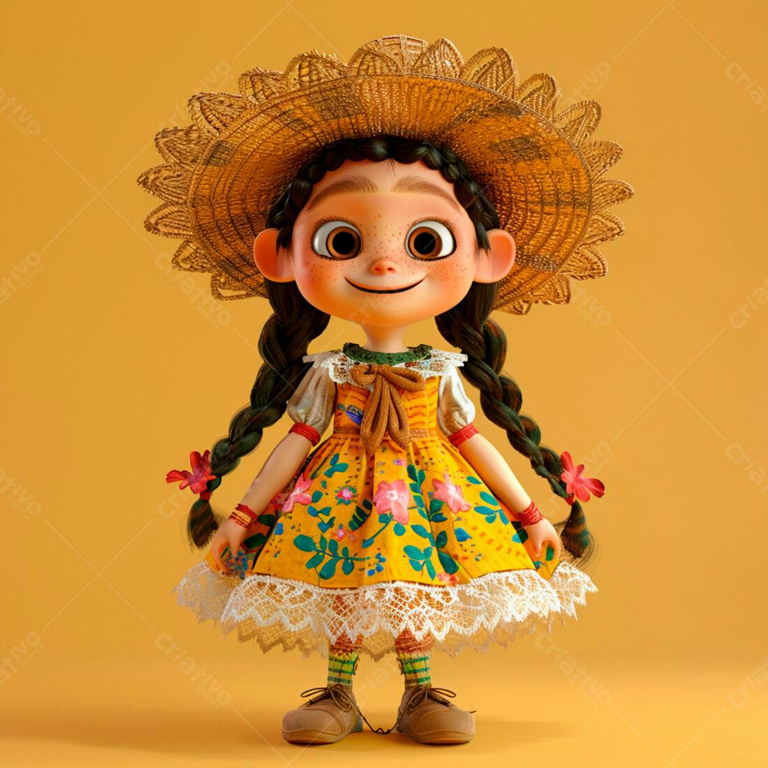 Menina animada em vestido amarelo e chapéu de palha