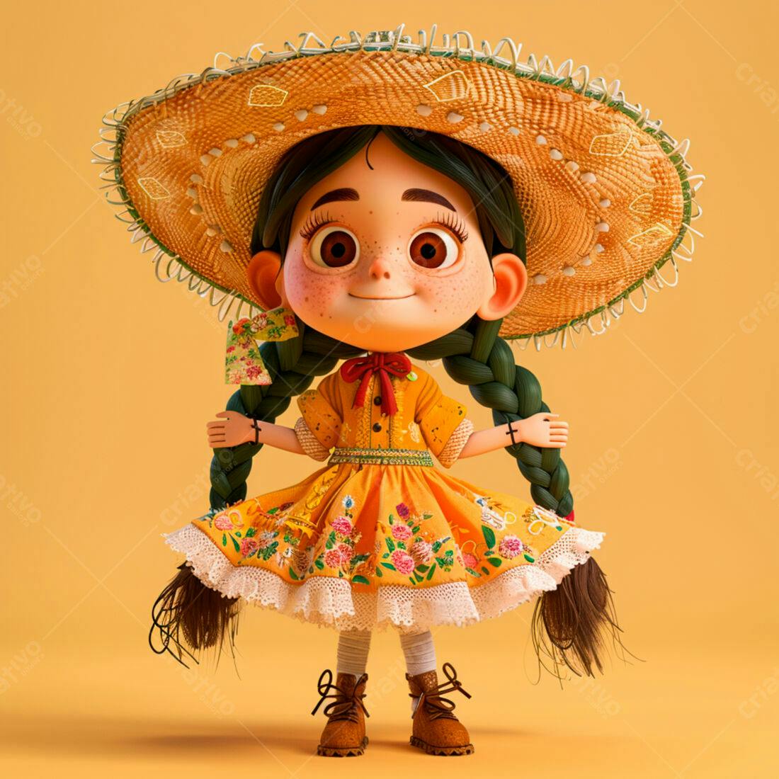 Menina fofa com vestido amarelo e chapéu de palha