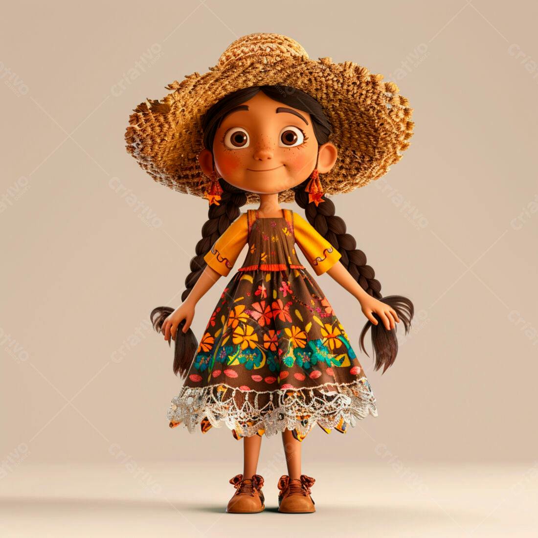 Menina animada em vestido floral e chapéu de palha