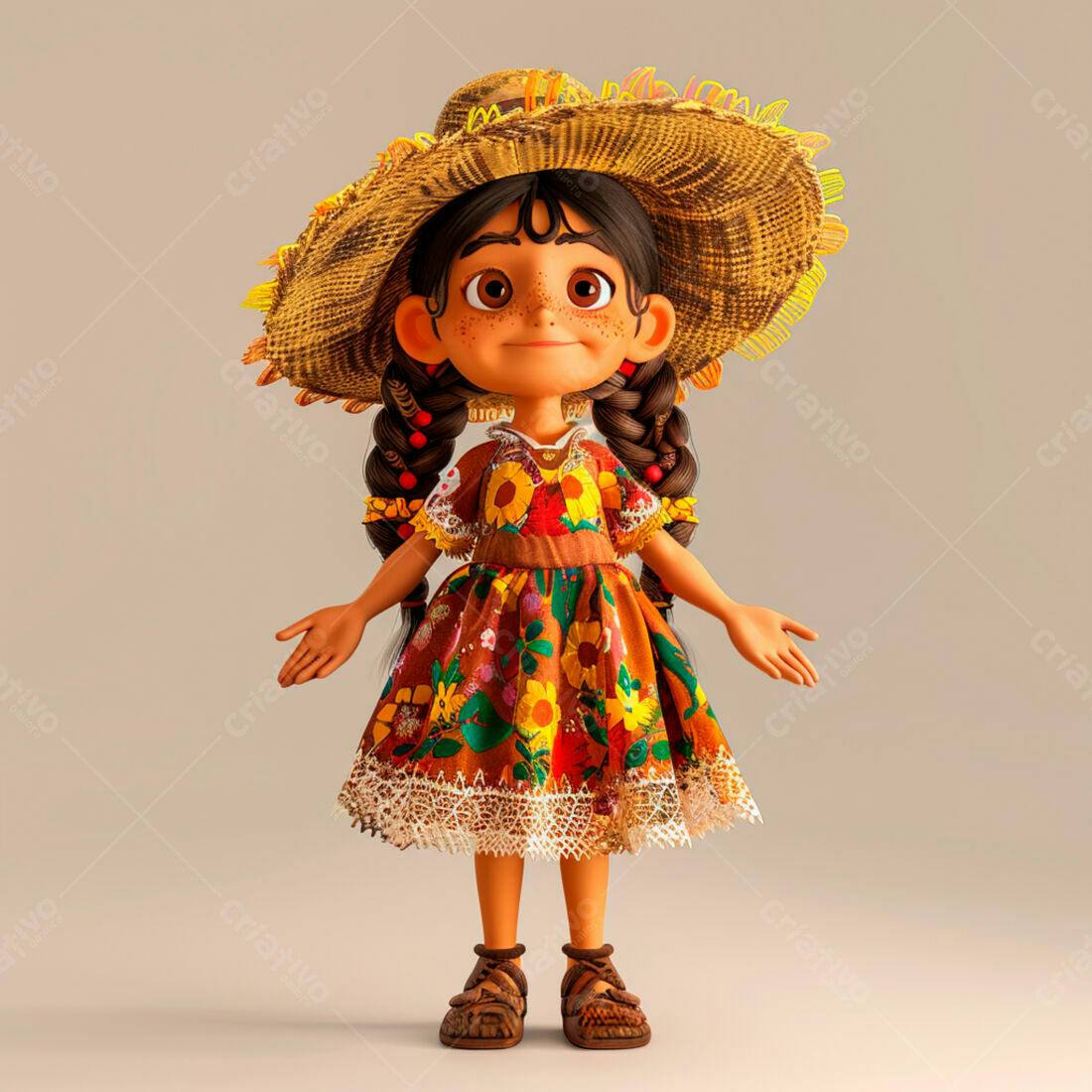 Menina desenho animado roupa floral chapéu palha