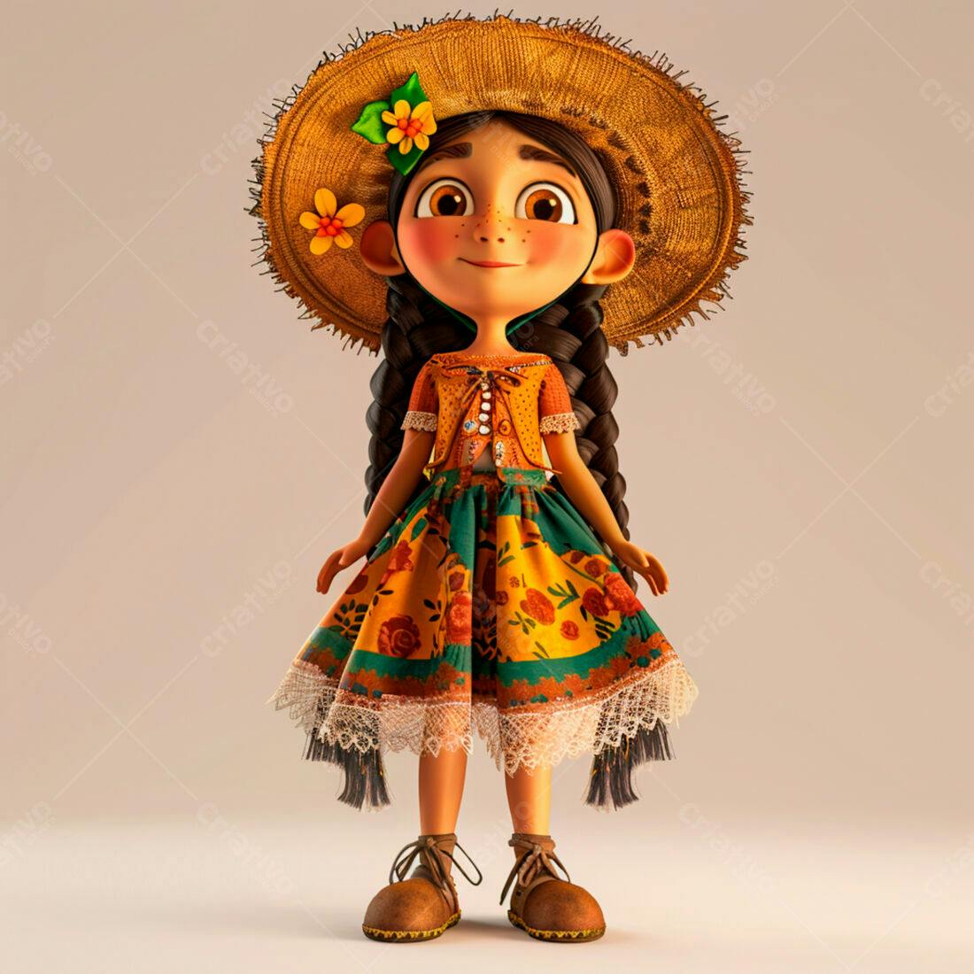 Menina animada em vestido amarelo e chapéu de palha