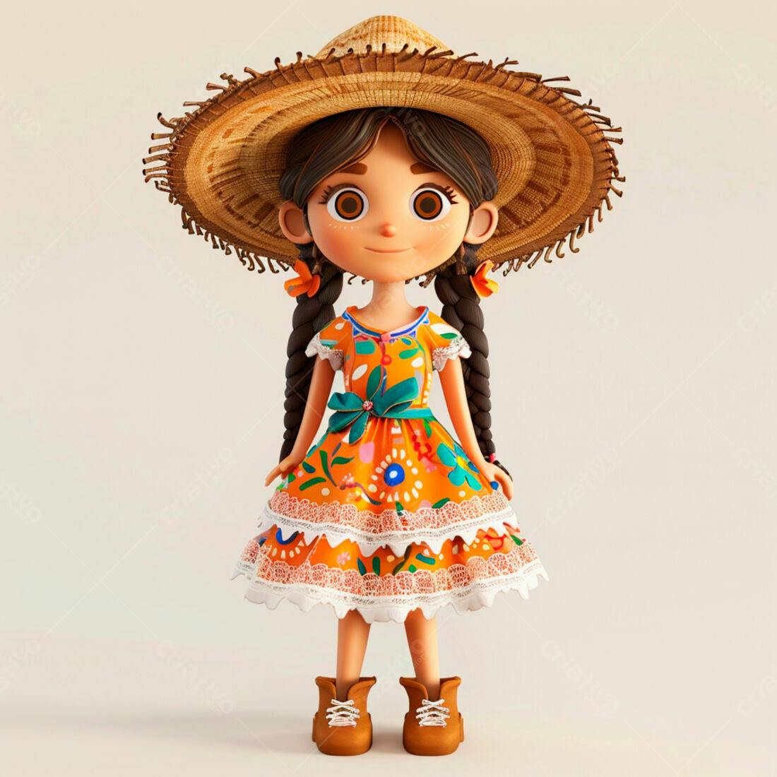 Menina em vestido mexicano chapéu de palha