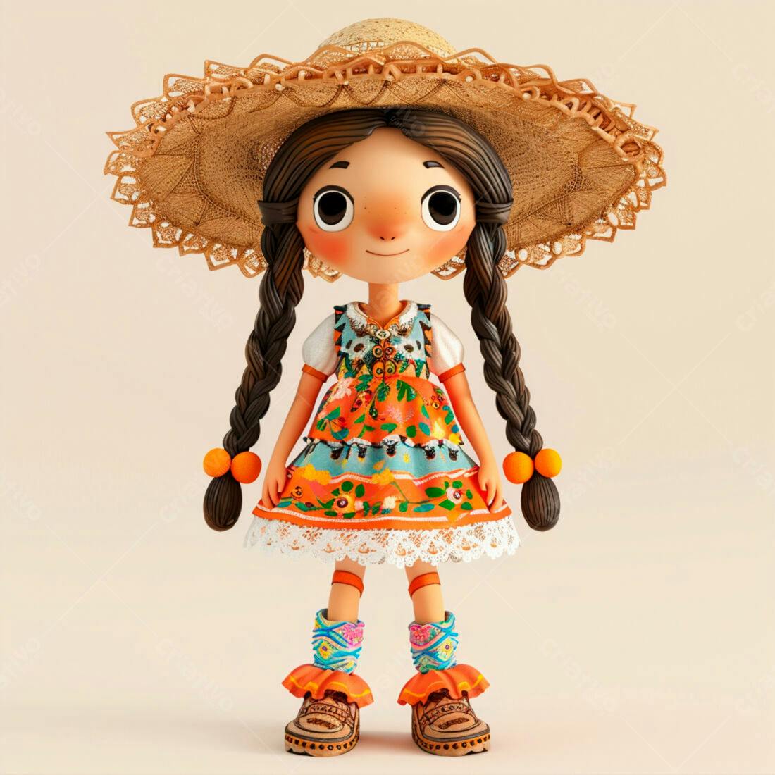 Menina com vestido mexicano e chapéu de palha