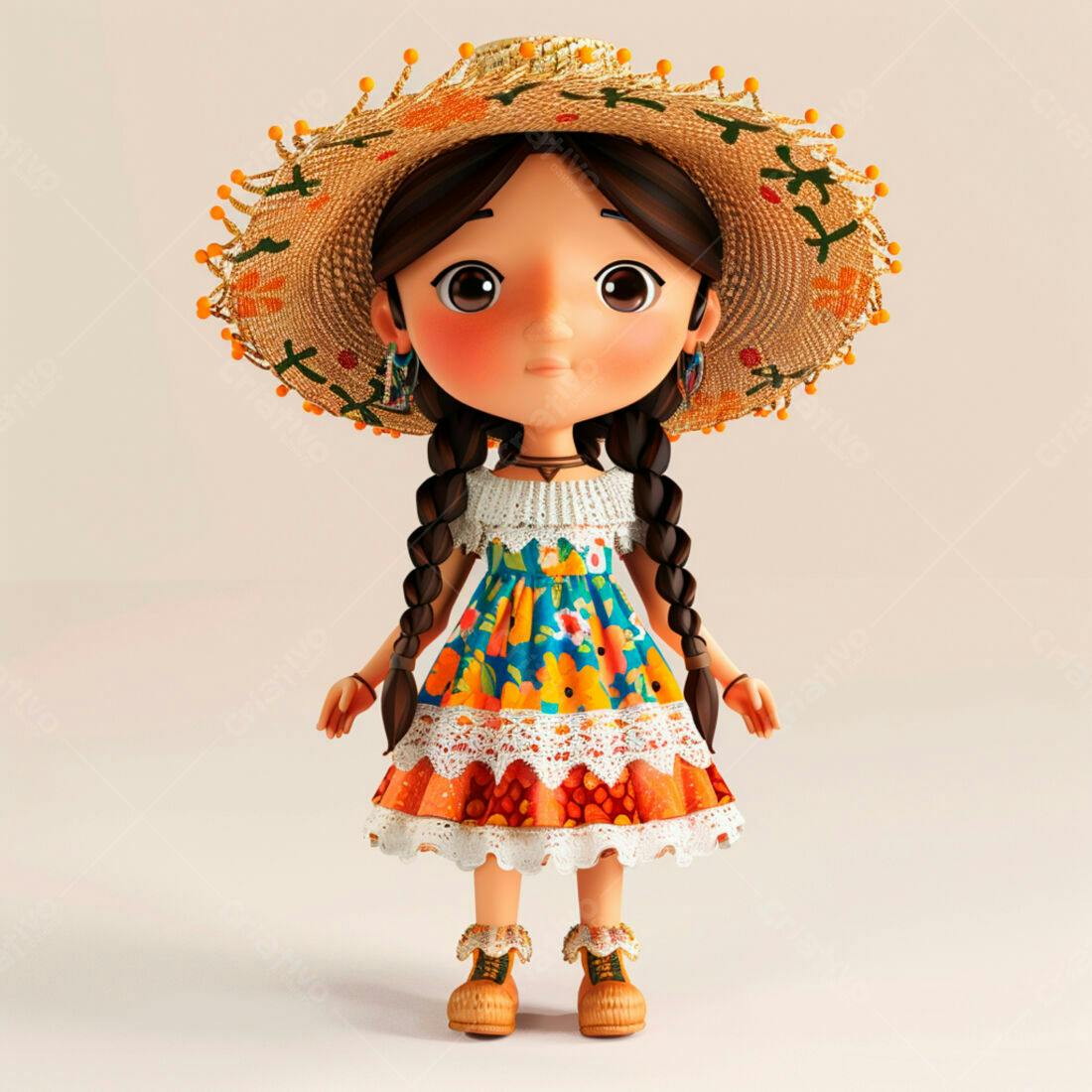Menina Cartoon com Vestido e Chapéu Mexicano