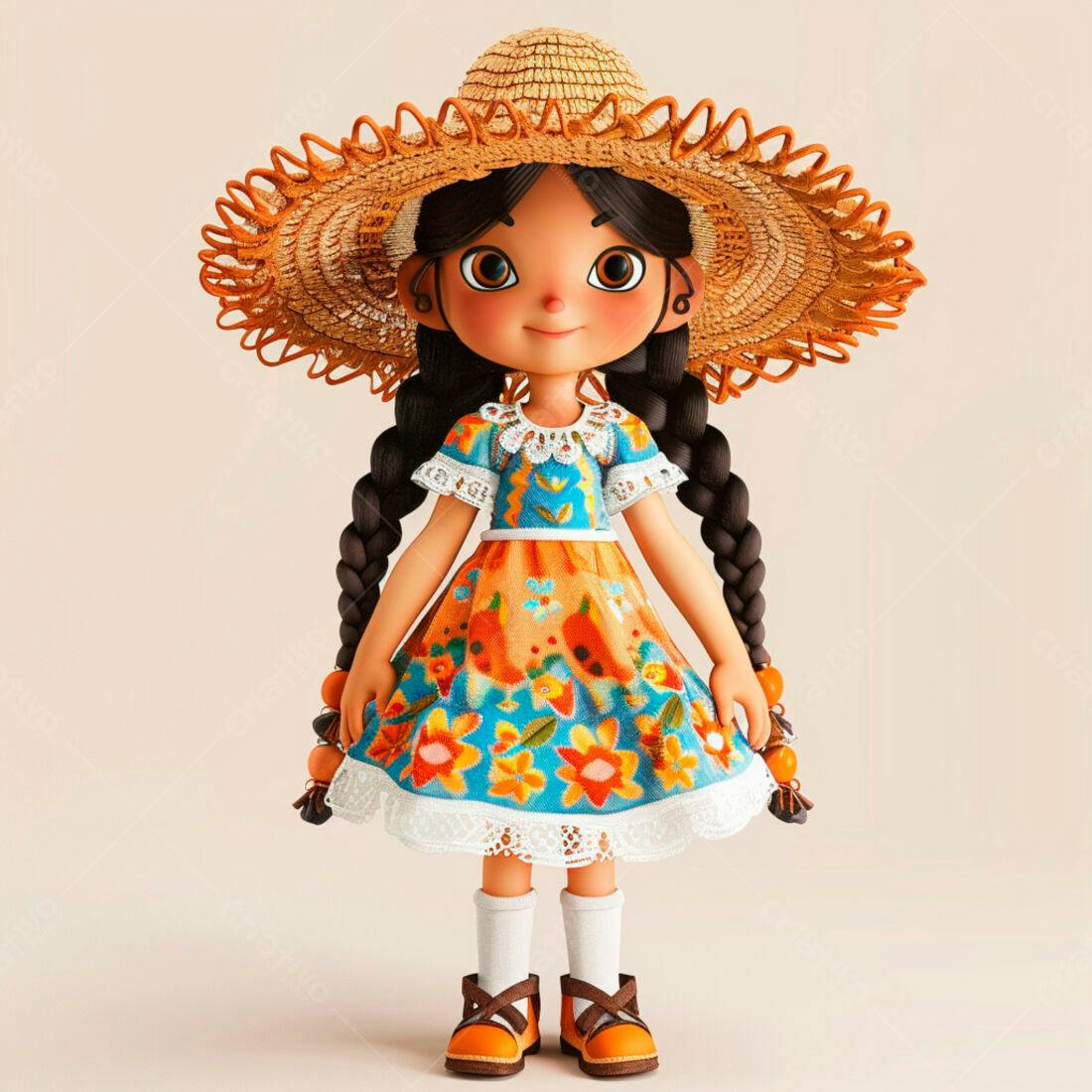Menina de vestido colorido usando chapéu de palha