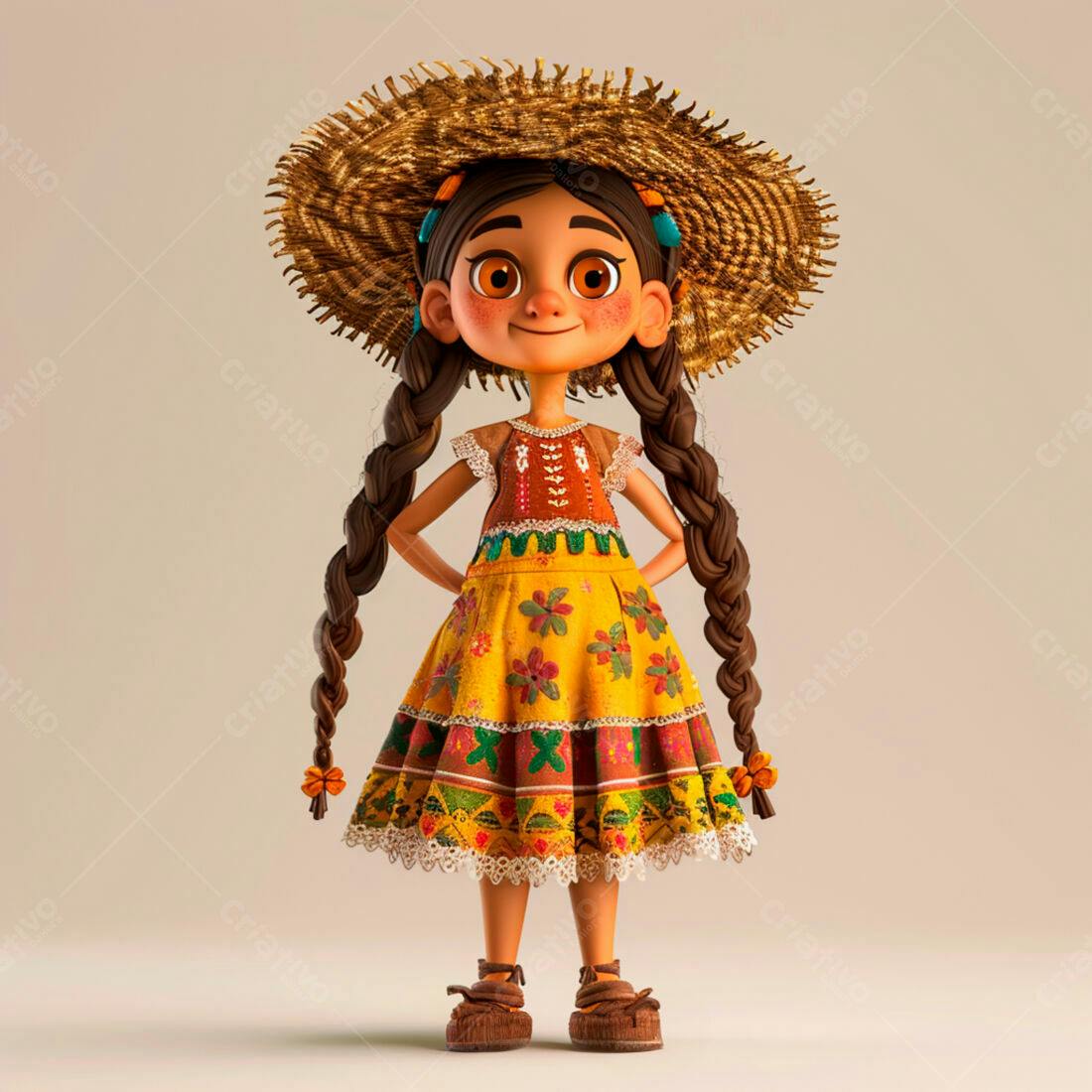 Menina animada em vestido amarelo e chapéu de palha