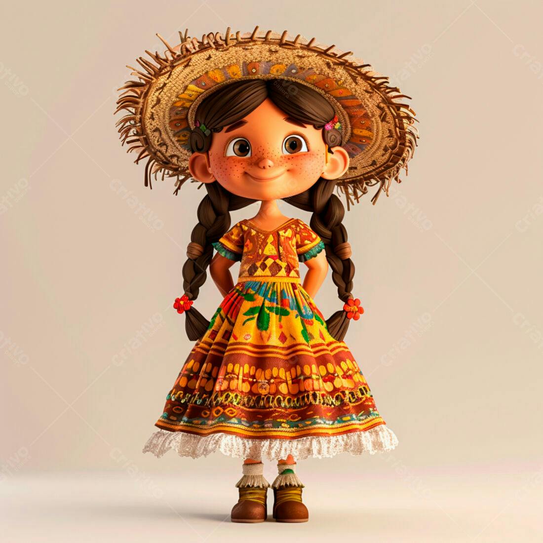 Menina animada em vestido colorido e chapéu de palha