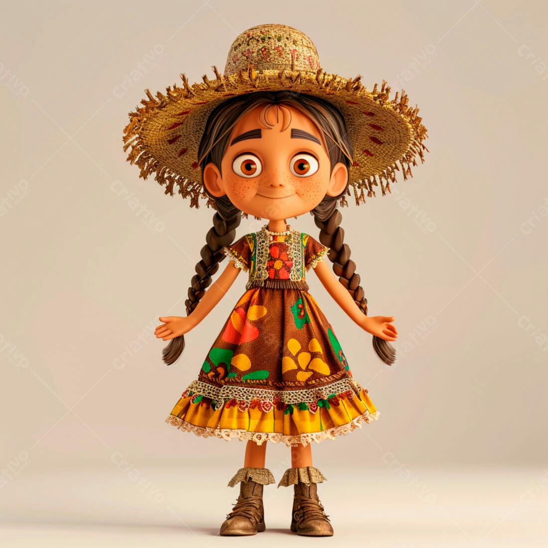 Menina alegre em vestido colorido e chapéu de palha