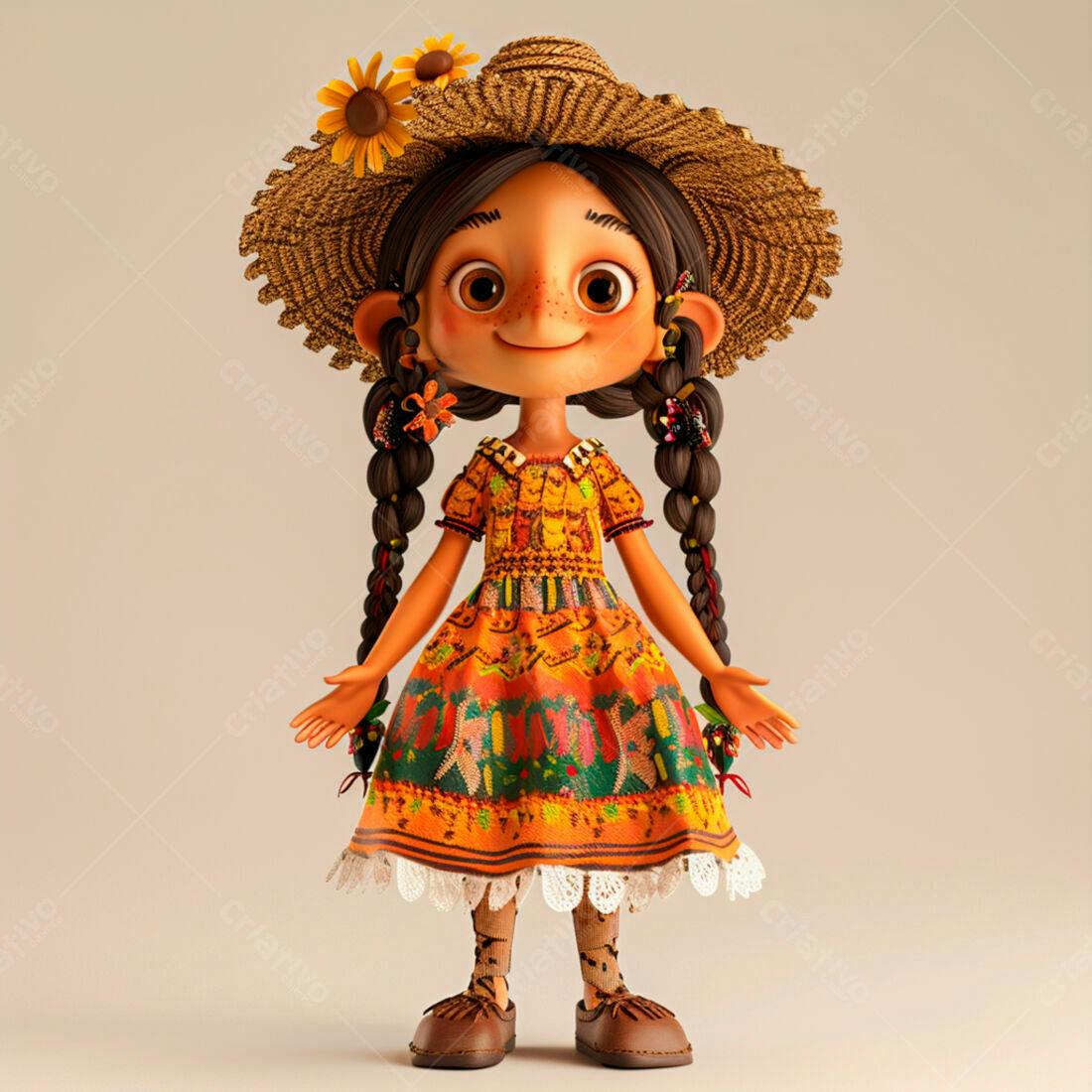 Menina animada com vestido colorido e chapéu de palha