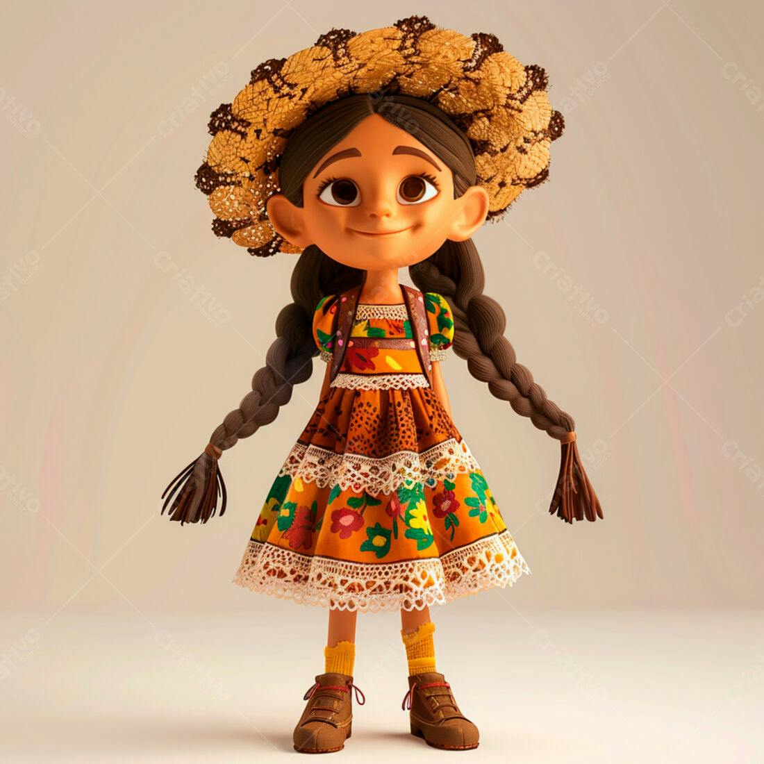 Menina sorridente com vestido e chapéu de palha