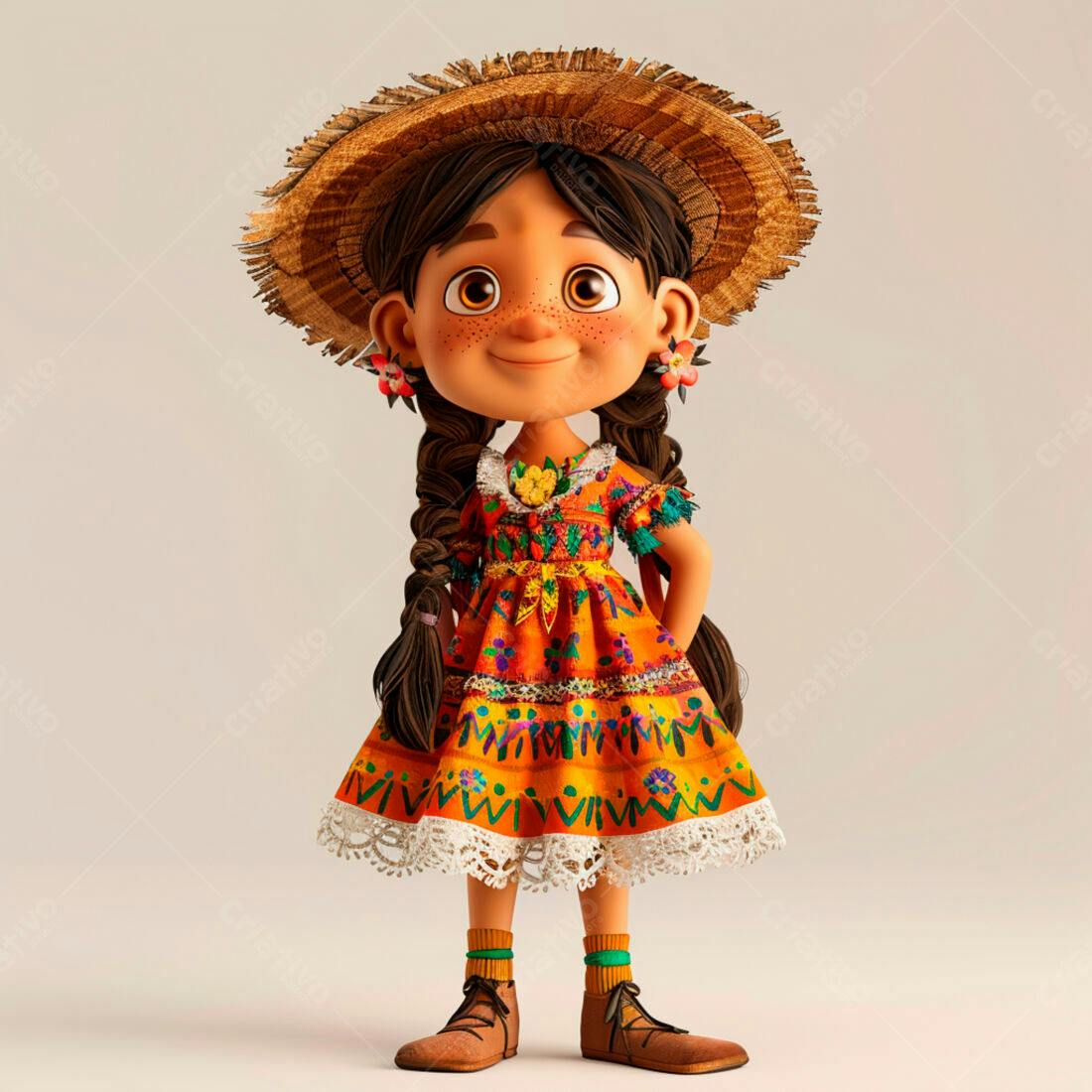 Menina animada em vestido colorido e chapéu de palha