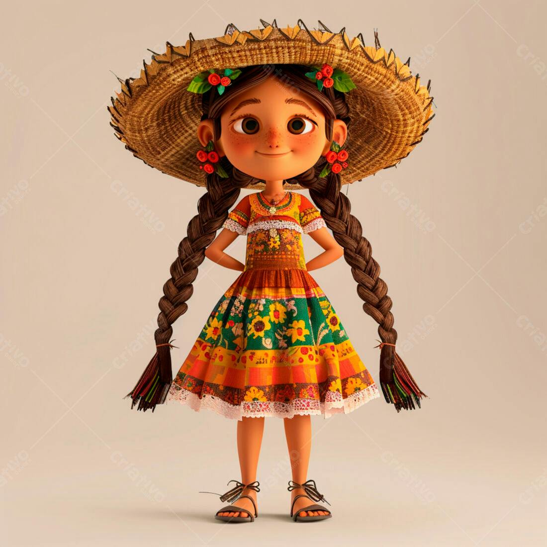 Menina animada com vestido mexicano e chapéu de palha