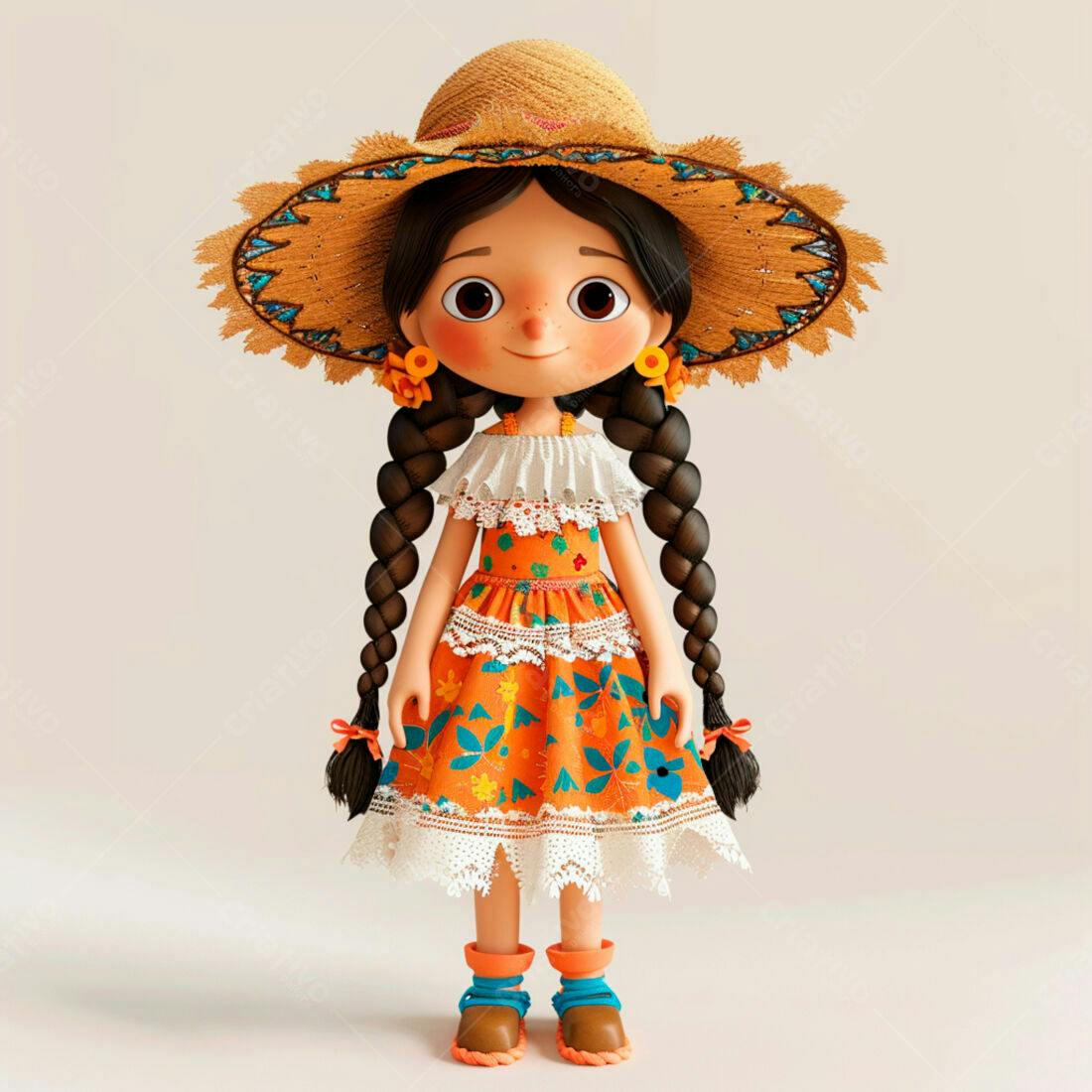 Menina animada em vestido laranja e chapéu de palha