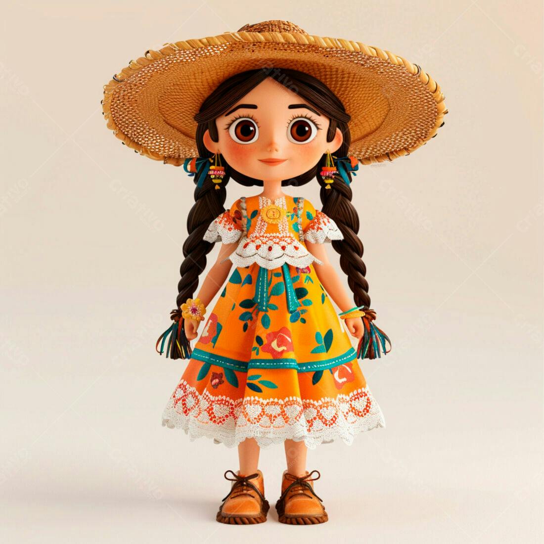 Menina mexicana em vestido laranja e chapéu de palha