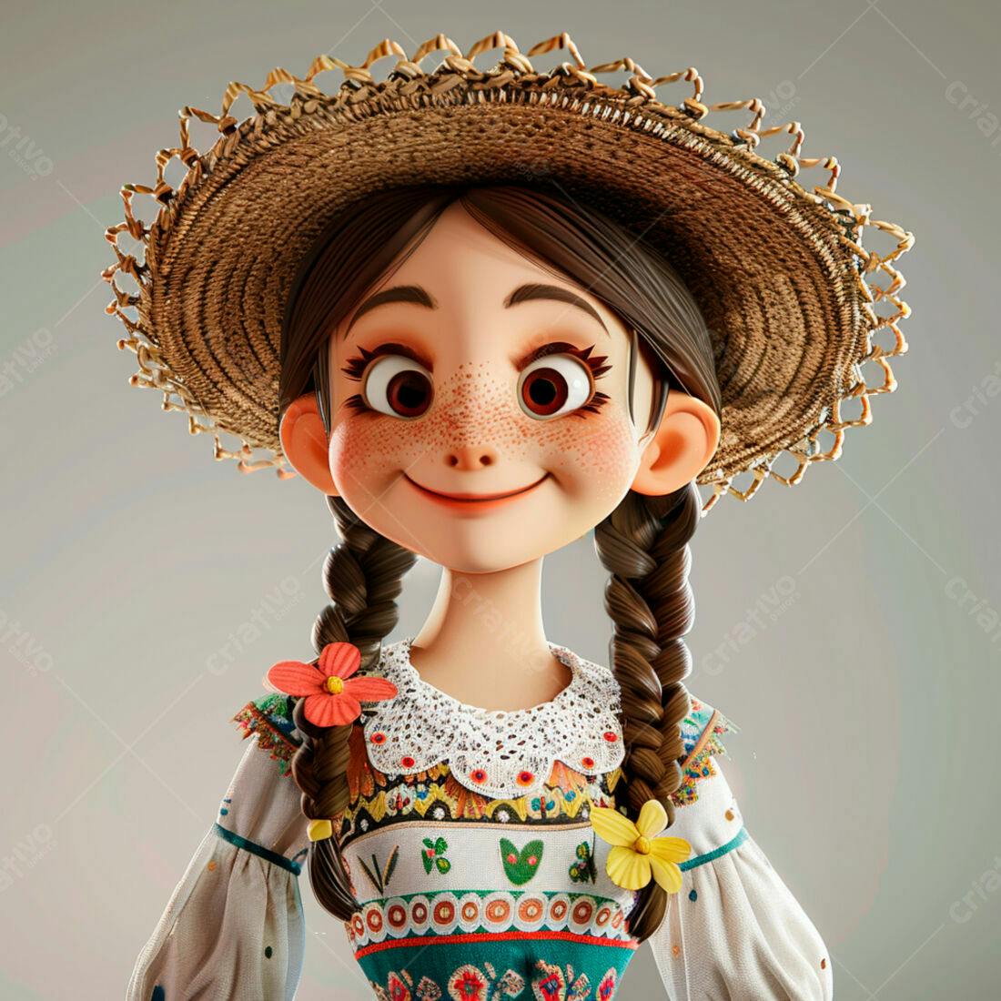 Menina sorridente com chapéu de palha e vestido colorido