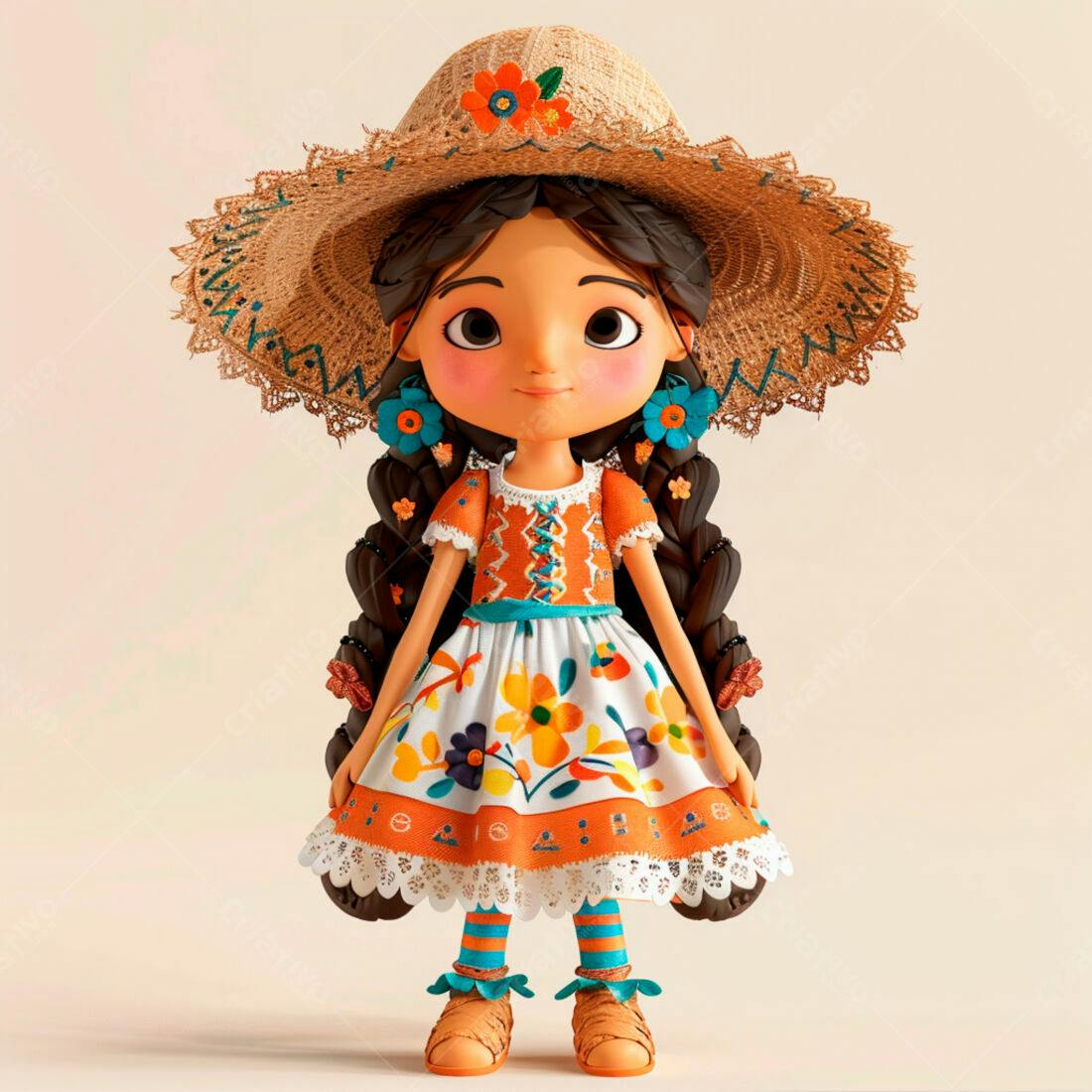 Menina charmosa em vestido floral e chapéu de palha