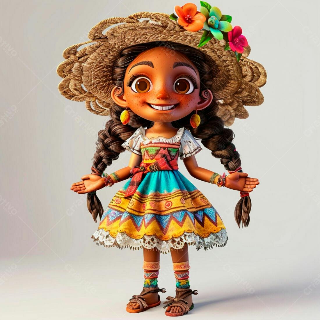 Menina animada com traje colorido e chapéu de palha