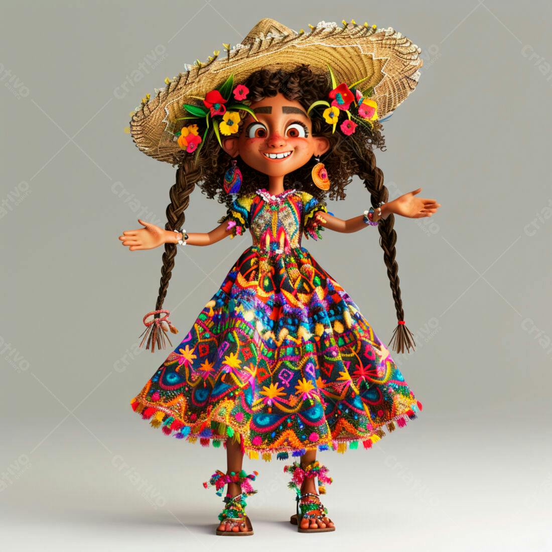 Menina animada em vestido colorido e chapéu mexicano