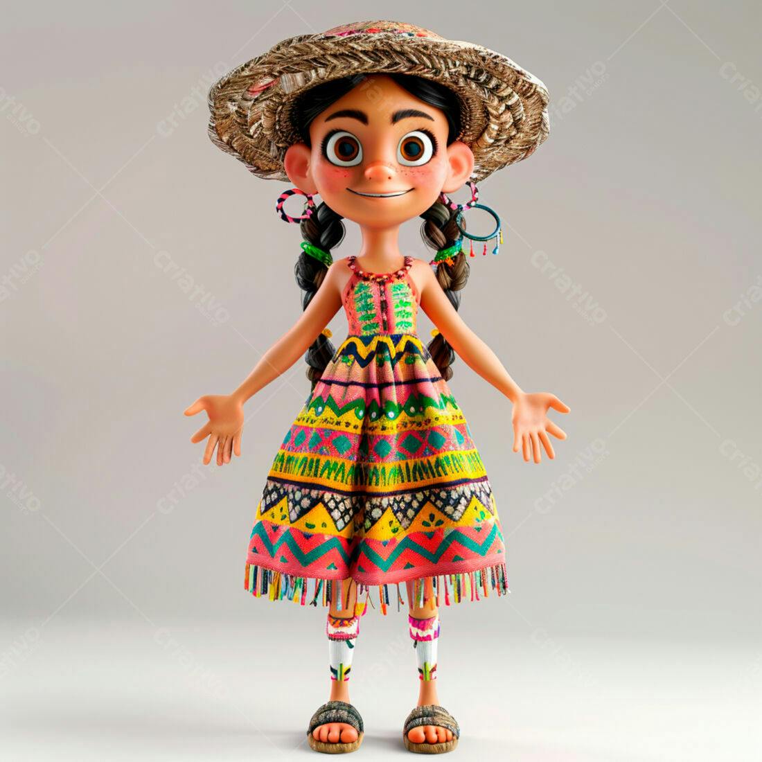 Menina animada com vestido colorido e chapéu de palha