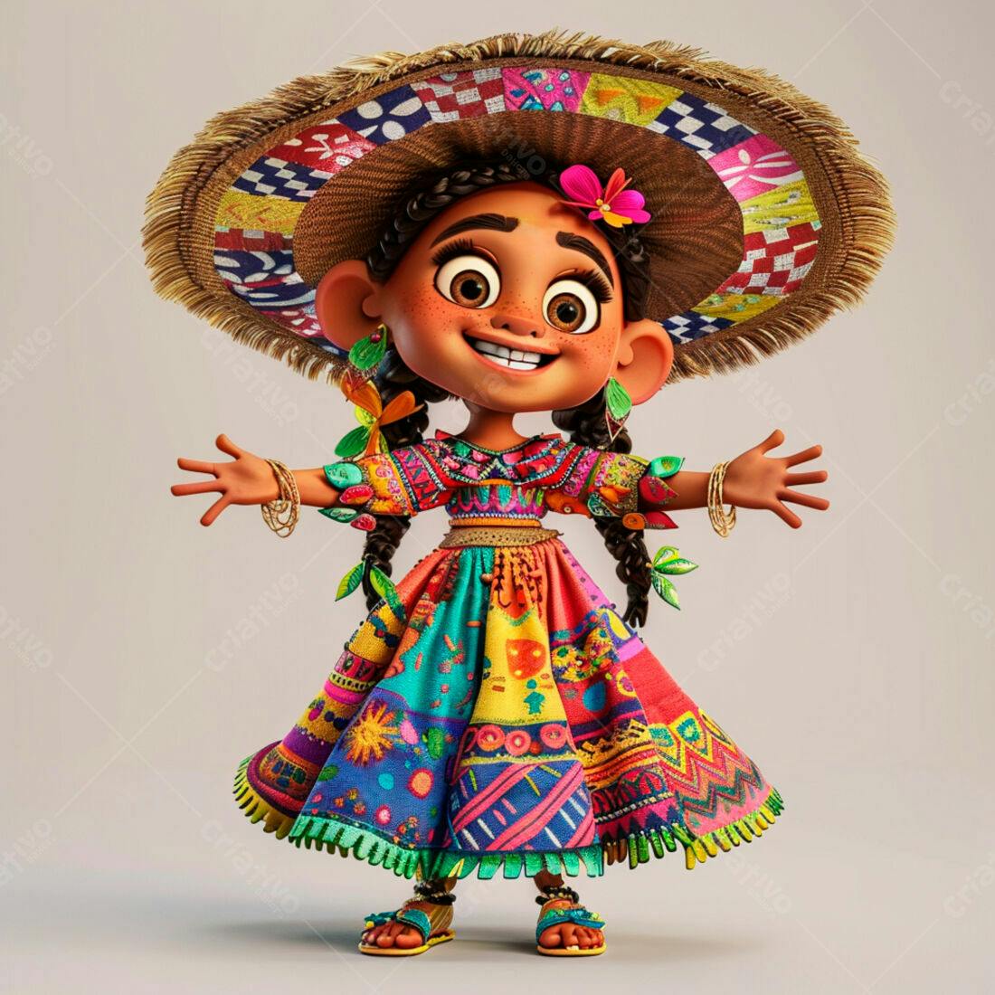 Menina animada com traje colorido mexicano