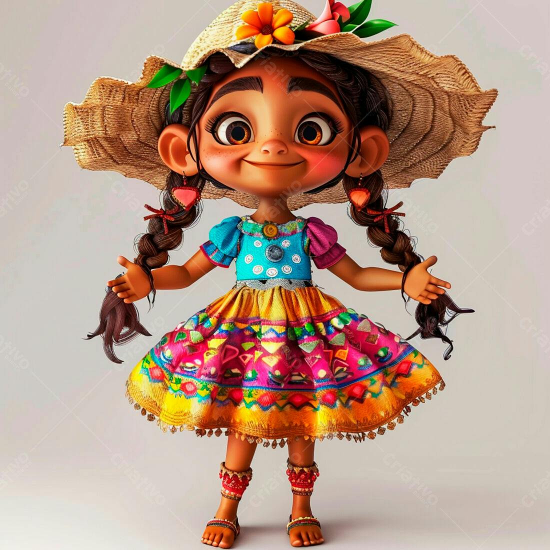 Menina animada com vestido colorido e chapéu de palha