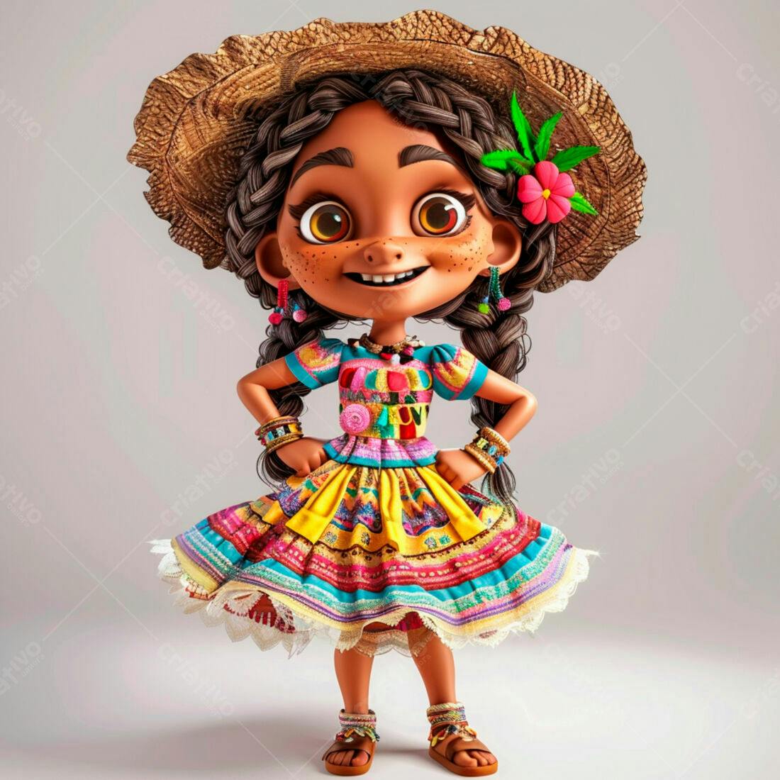 Menina alegre em vestido colorido e chapéu de palha