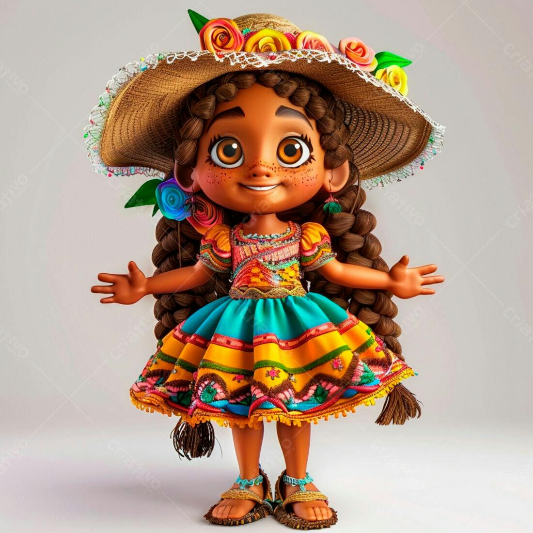 Menina animada com vestido colorido e chapéu de palha