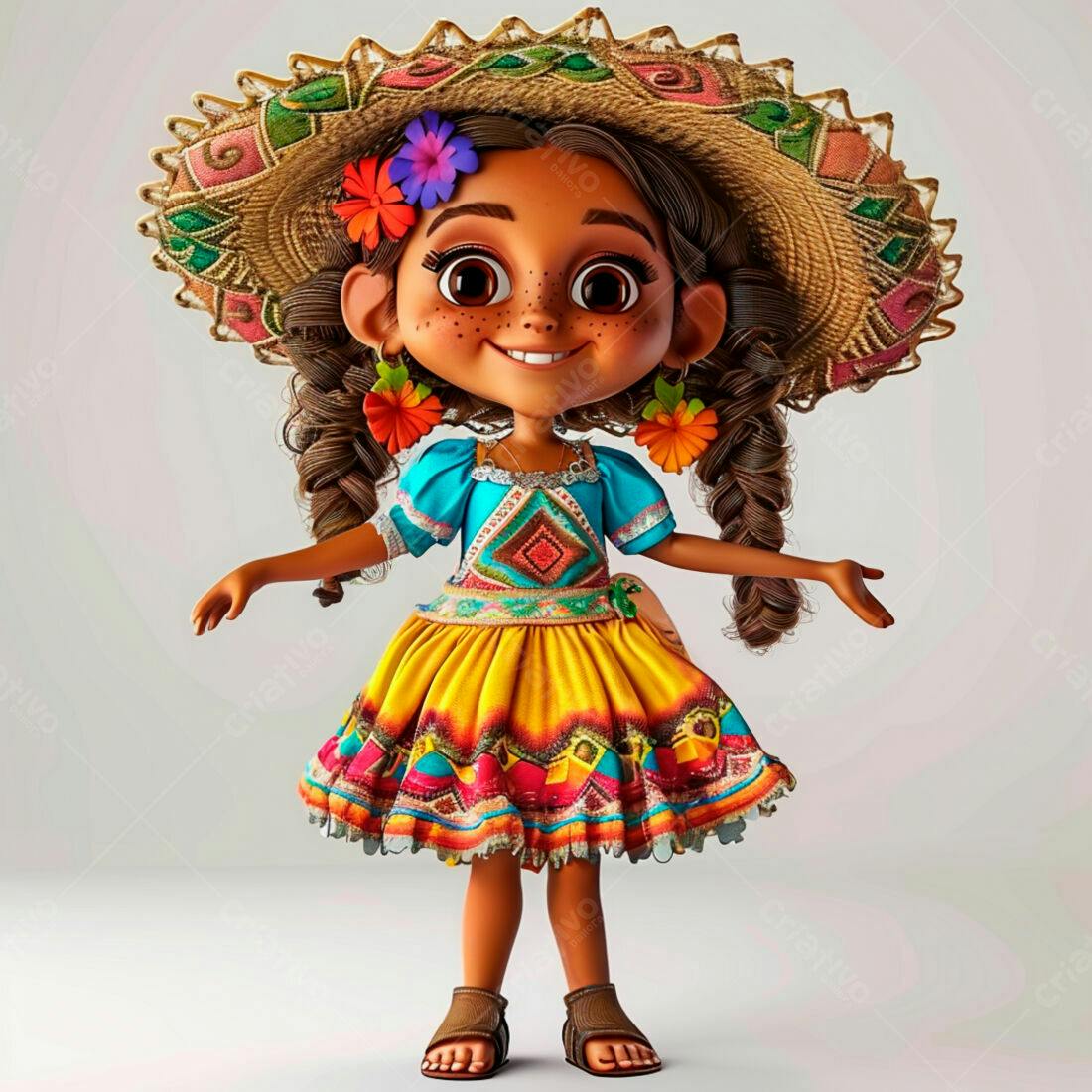 Menina animada com vestido colorido e chapéu de palha