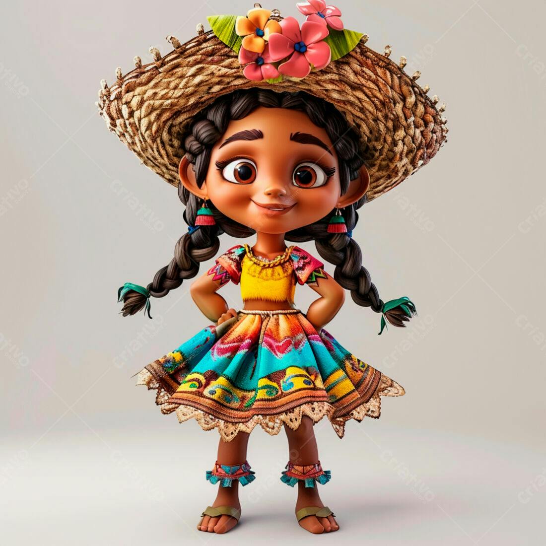 Menina animada com chapéu de palha e roupa colorida