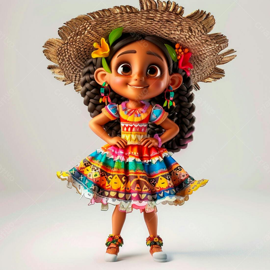 Menina animada em vestido colorido e chapéu de palha