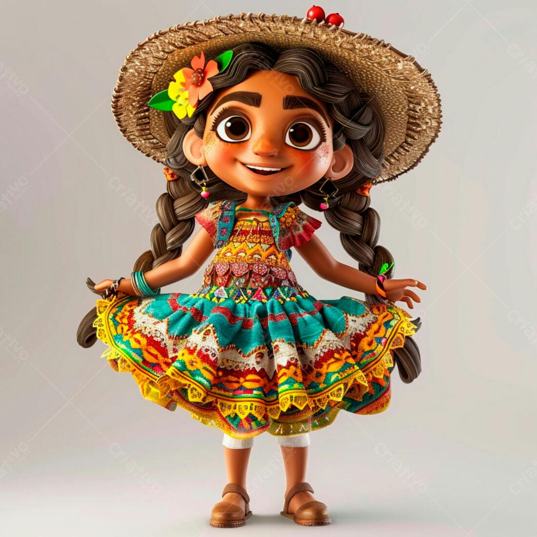 Menina animada em vestido colorido e chapéu de palha