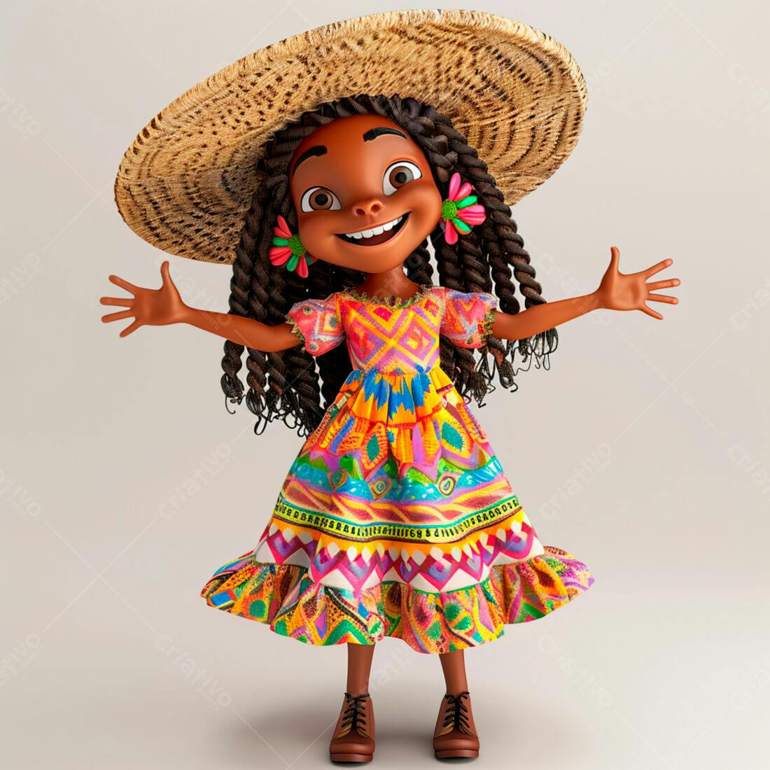 Menina negra alegre em vestido colorido e chapéu de palha