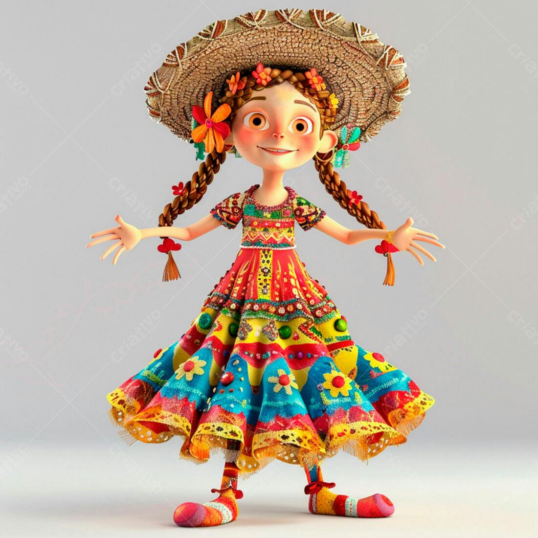 Menina animada em vestido colorido e chapéu de palha