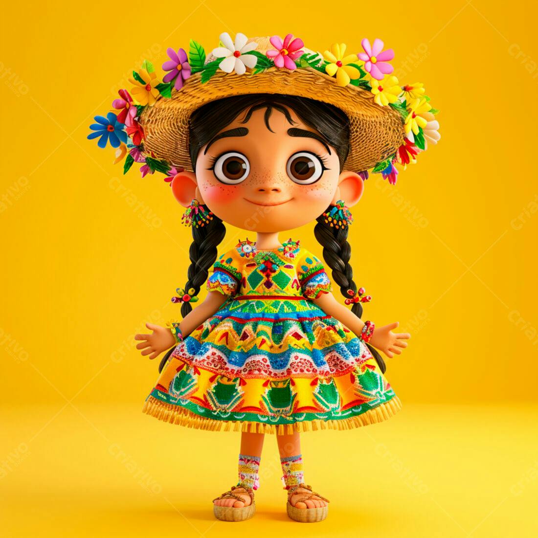 Menina animada em vestido colorido e chapéu de palha