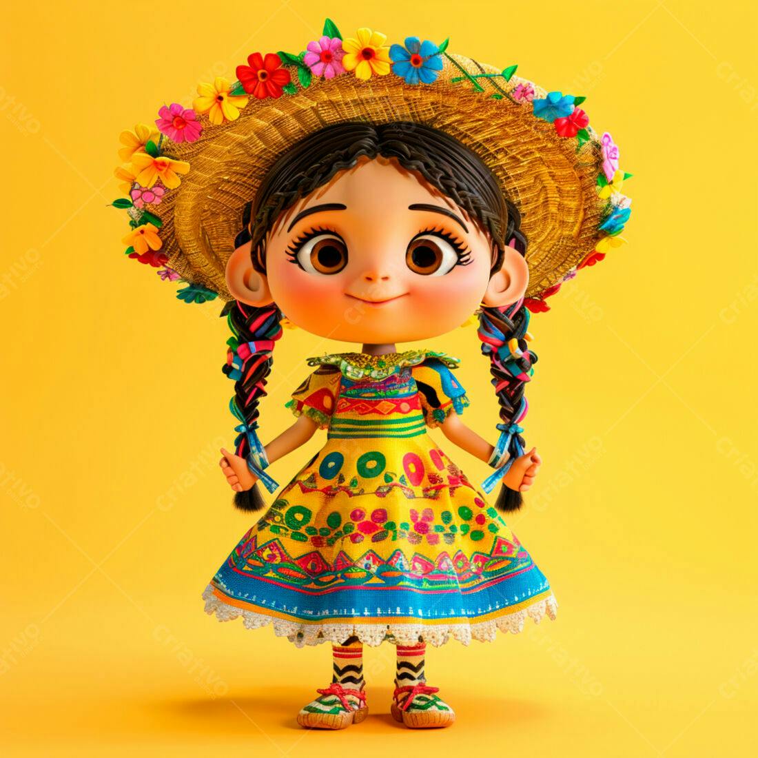 Menina animada com vestido mexicano e chapéu de flores