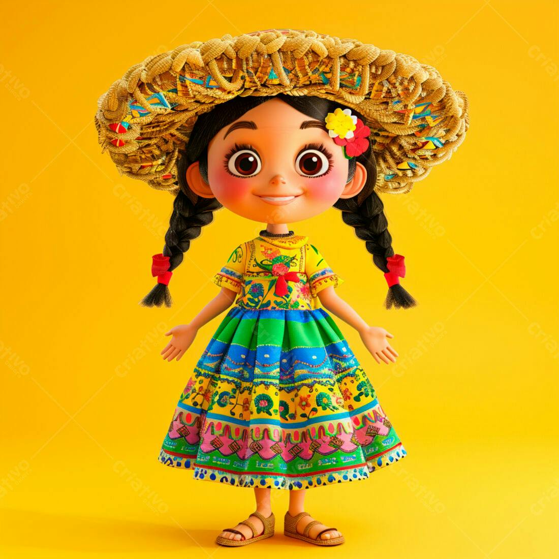 Menina animada com vestido colorido e chapéu mexicano