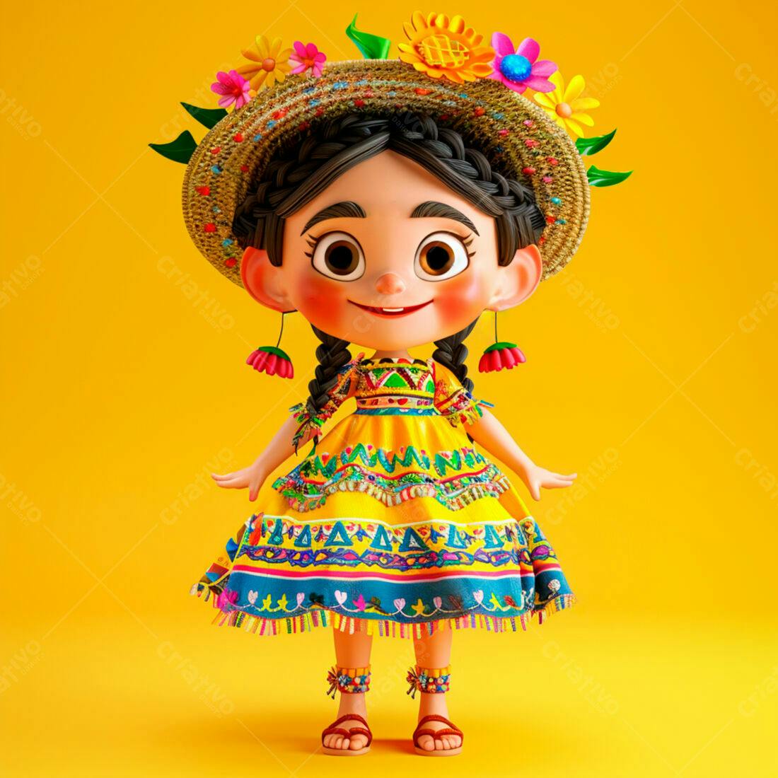 Menina alegre em vestido mexicano amarelo