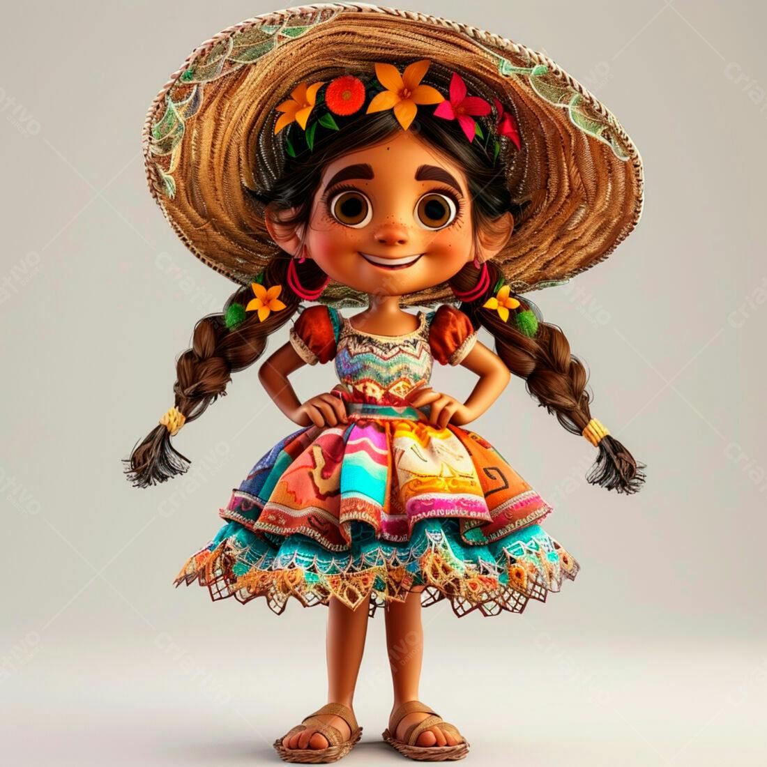 Menina animada com chapéu de palha e vestido colorido