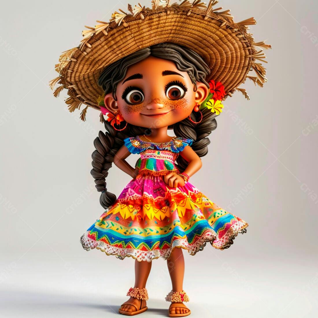 Menina negra alegre em vestido colorido e chapéu de palha