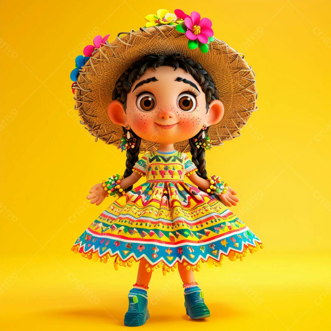 Menina sorridente em vestido colorido e chapéu de palha