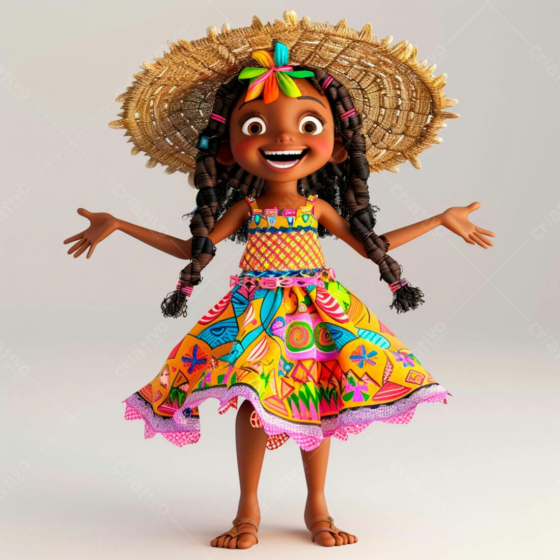 Menina alegre em vestido colorido e chapéu de palha