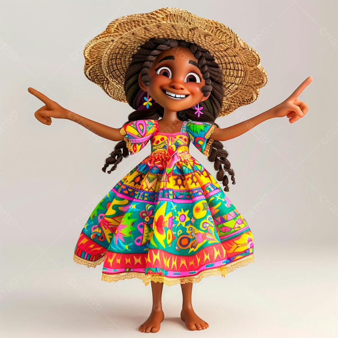 Menina alegre em vestido colorido apontando