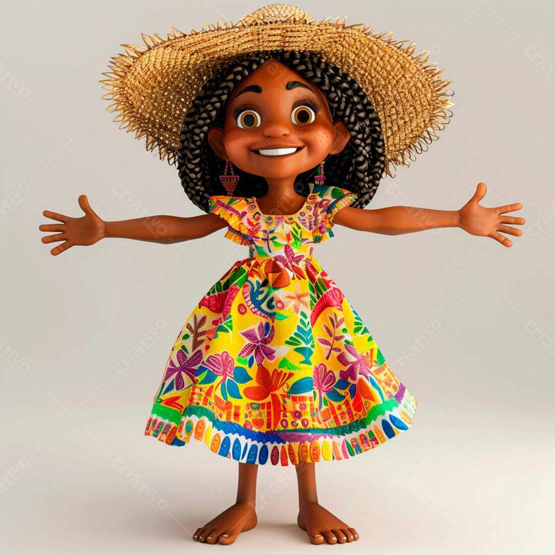 Menina alegre em vestido colorido e chapéu de palha