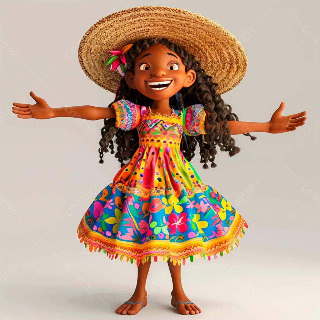 Menina alegre em vestido colorido e chapéu de palha
