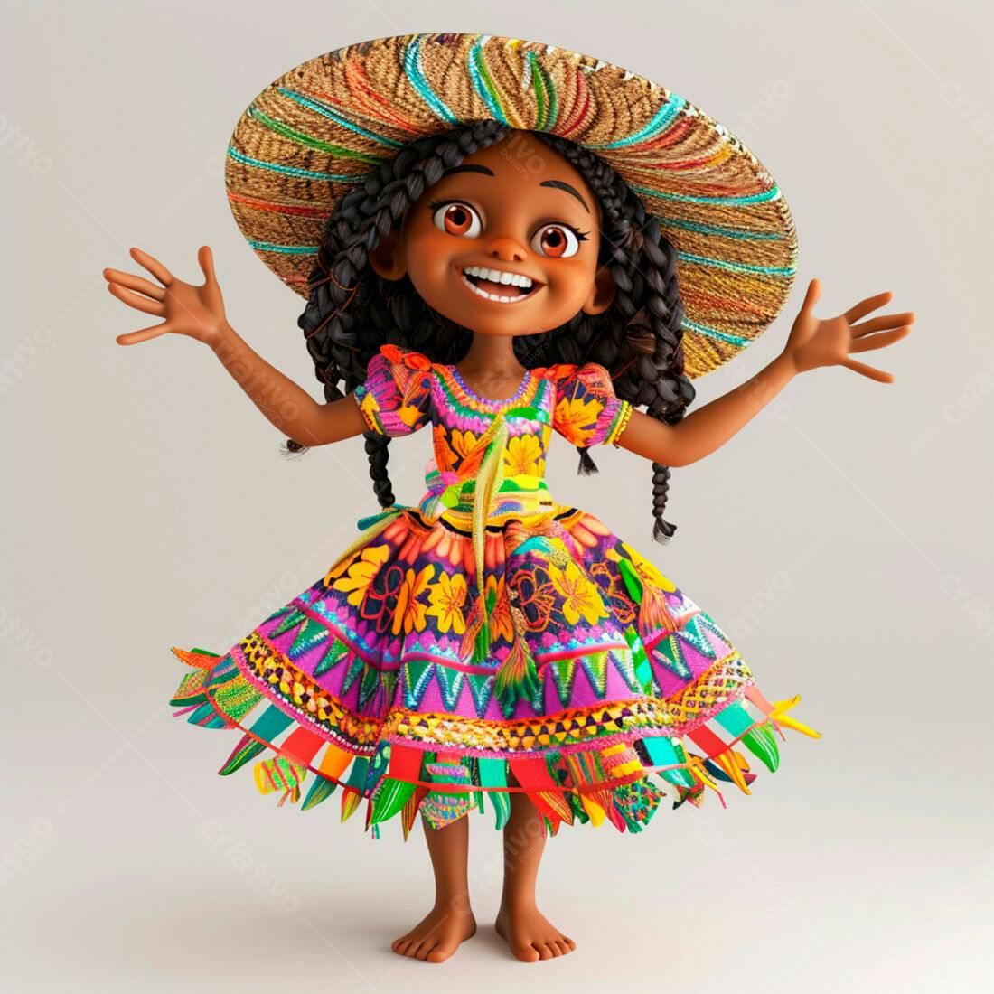 Menina alegre em vestido colorido e chapéu de palha