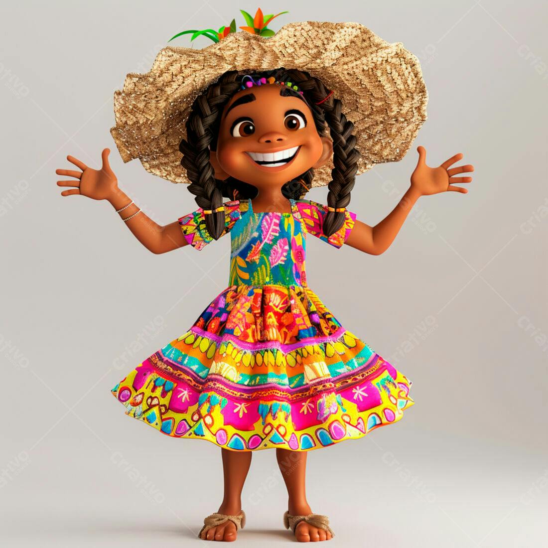 Menina alegre em vestido colorido e chapéu de palha