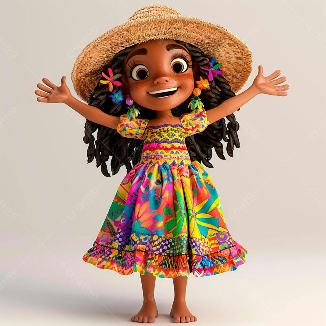 Menina alegre em vestido colorido e chapéu de palha