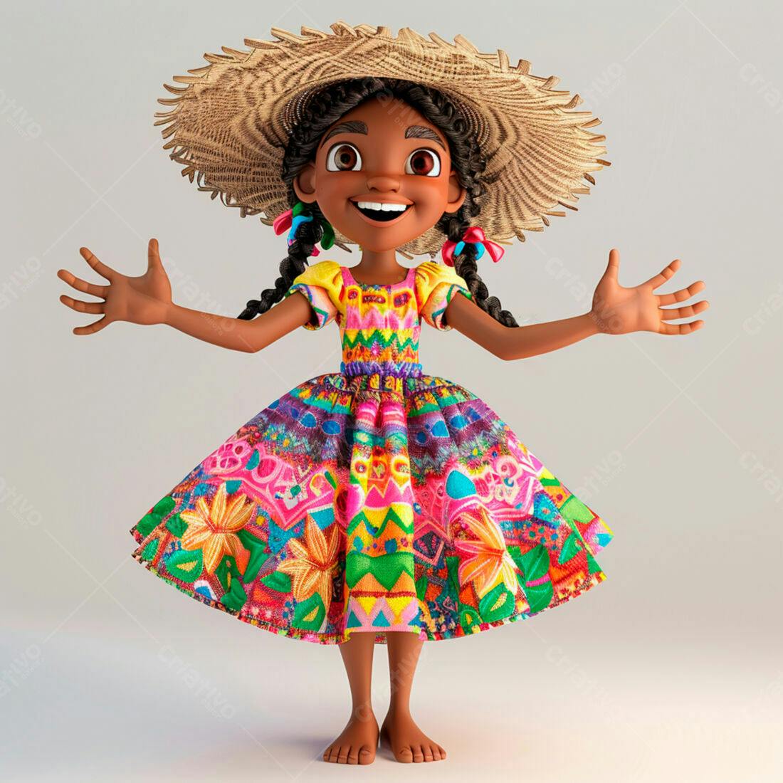 Menina alegre em vestido colorido e chapéu de palha