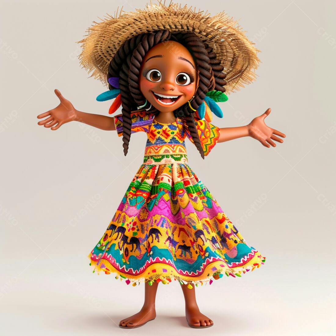 Menina alegre em vestido colorido e chapéu de palha