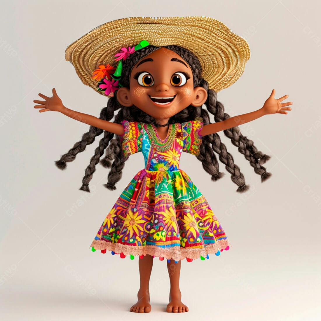 Menina negra alegre vestido colorido chapéu palha